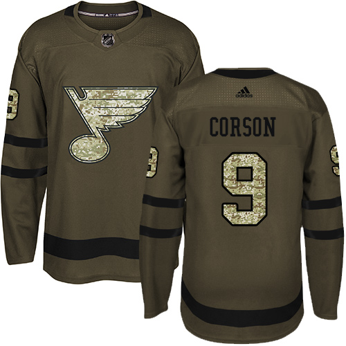 Adidas Blues #9 Shayne Corson Green Salute to Service Stitched NHL Jersey - Click Image to Close